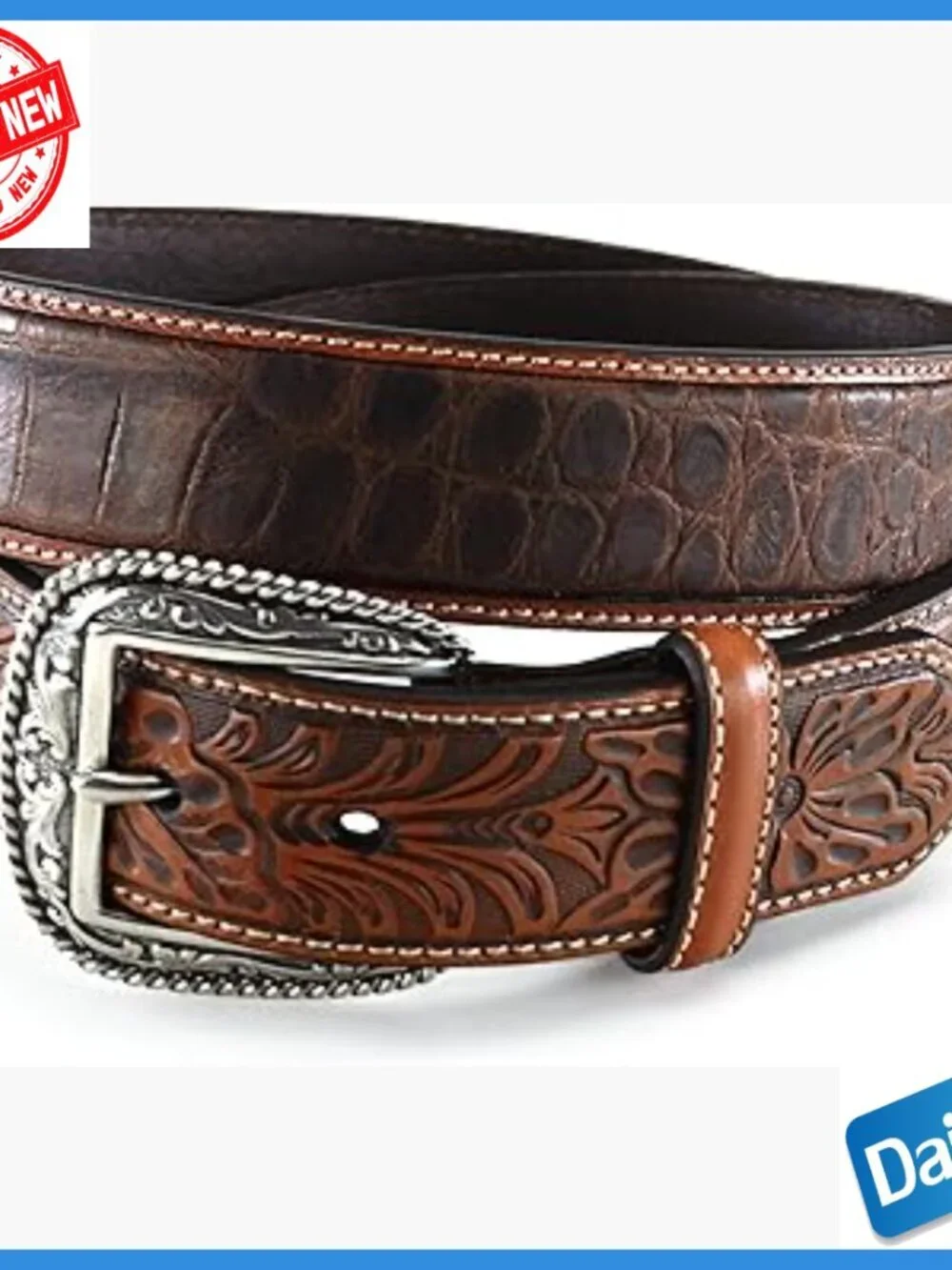 Men's Genuine Leather Belt with Floral Tab Buckle Size 34